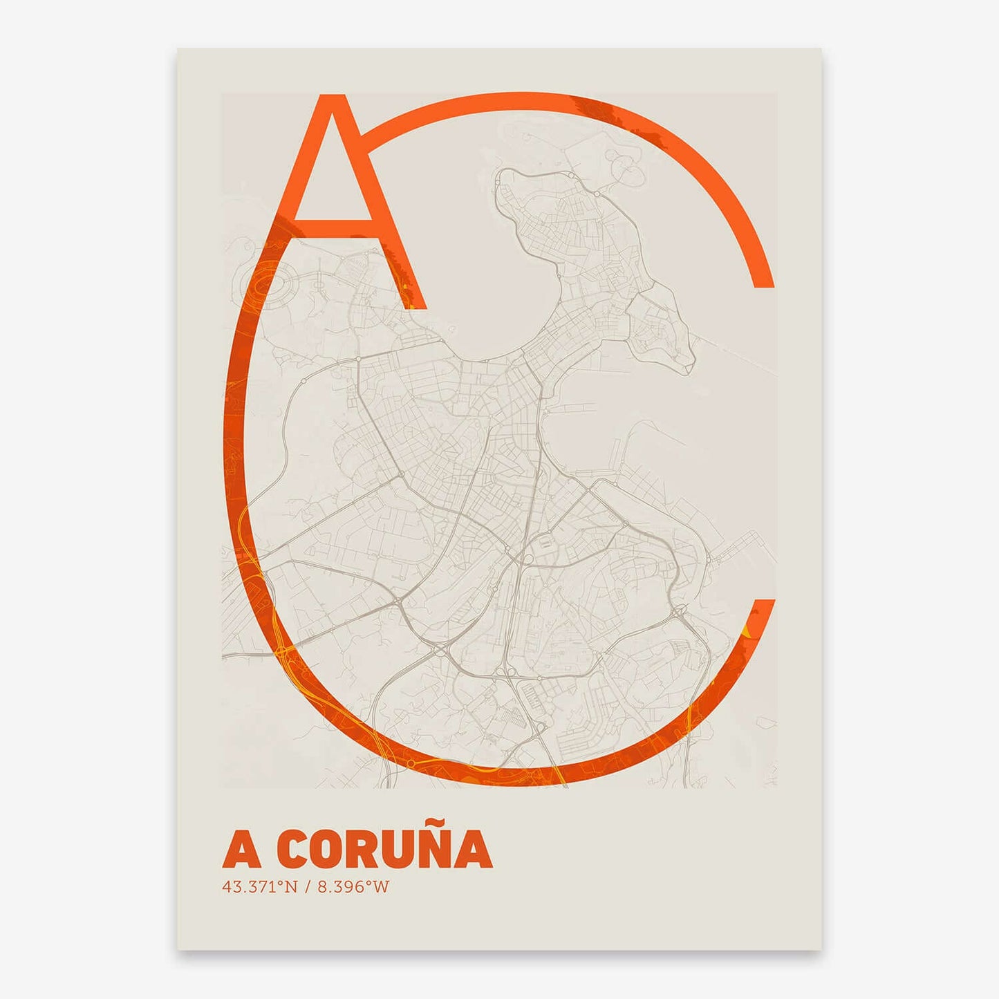 The map of A-Coruna composed with letters in extra light font printed on orange and an off-white background