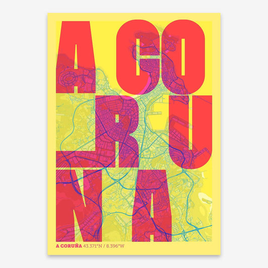 The map of A-Coruna with letters of its name placed randomly, designed in yellow and fuchsia
