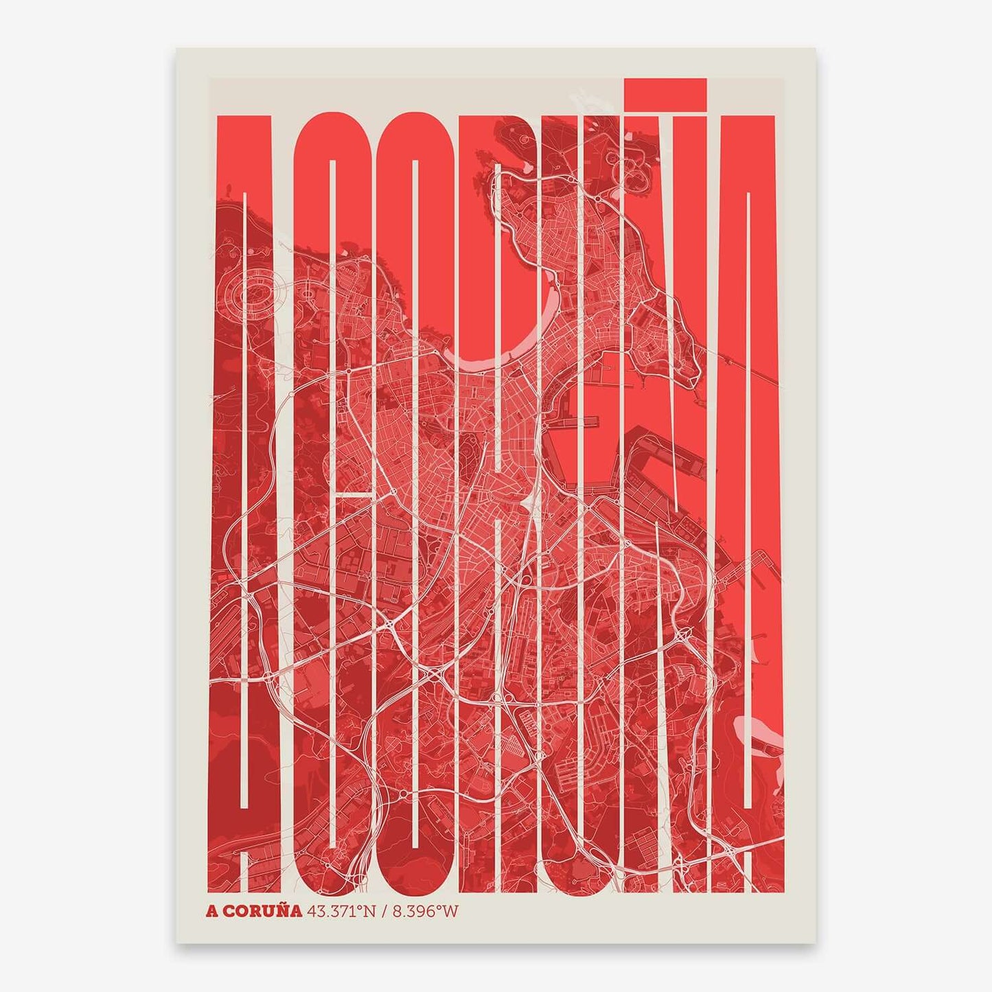 The map of A-Coruna and letters of its name in a giclée print designed in red and an off-white background