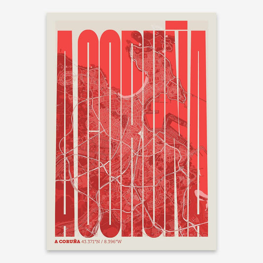 The map of A-Coruna and letters of its name in a giclée print designed in red and an off-white background