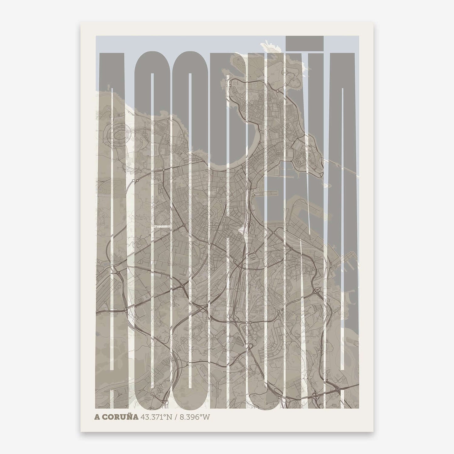 The map of A-Coruna and letters of its name in a giclée print designed in light brown and an off-white background