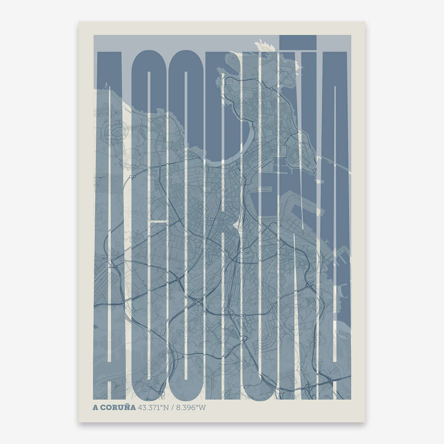 The map of A-Coruna and letters of its name in a giclée print designed in bluish gray and an off-white background