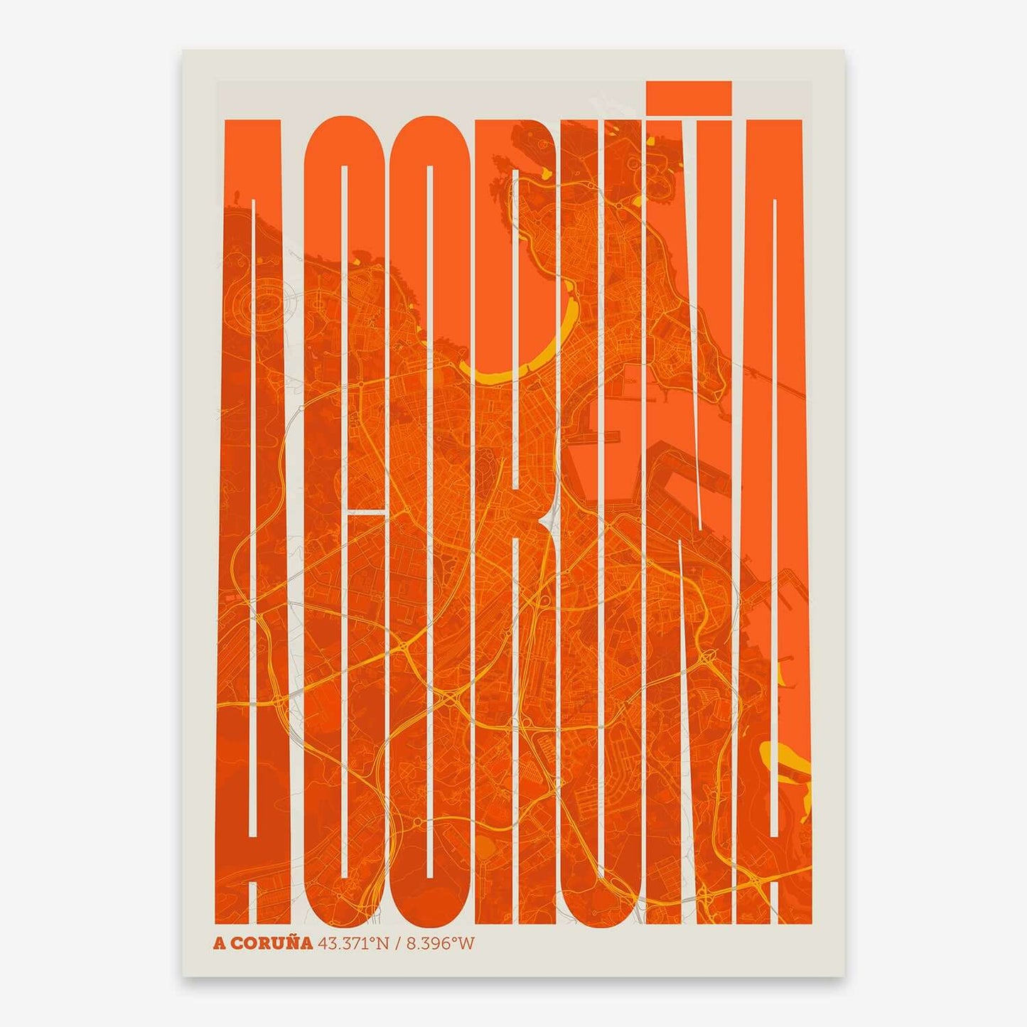 The map of A-Coruna and letters of its name in a giclée print designed in orange and an off-white background