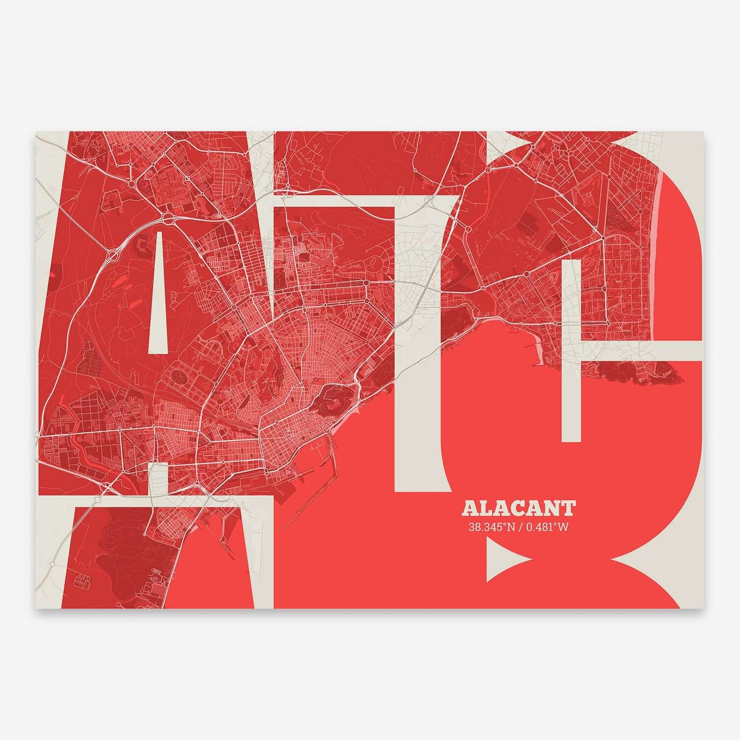 The map of Alacant composed with letters from its name or IATA code printed on red and an off-white background