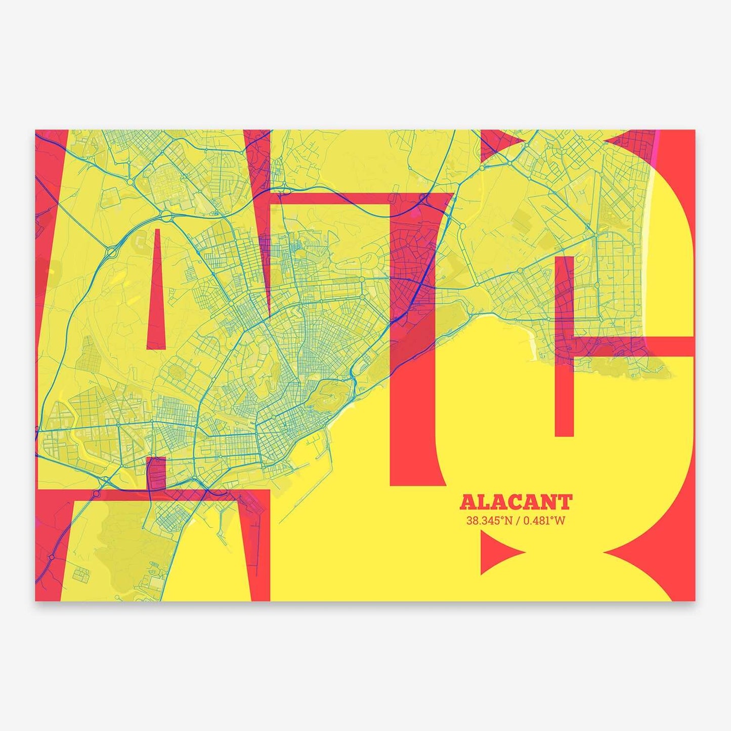The map of Alacant composed with letters from its name or IATA code printed on yellow and fuchsia