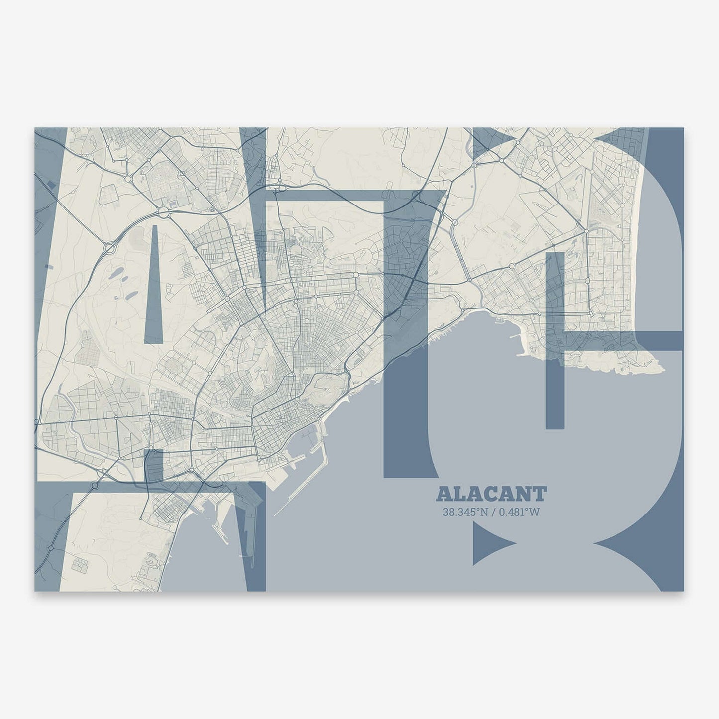 The map of Alacant composed with letters from its name or IATA code printed on bluish gray and an off-white background