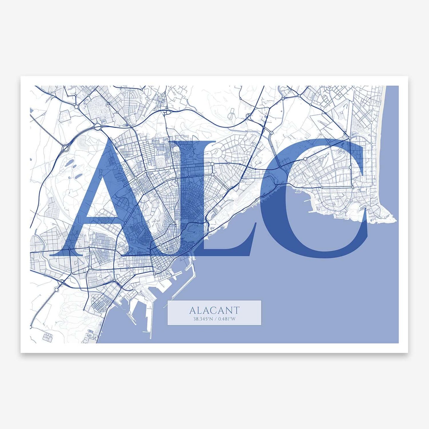 The map of Alacant composed with letters in serif font printed on navy blue and white