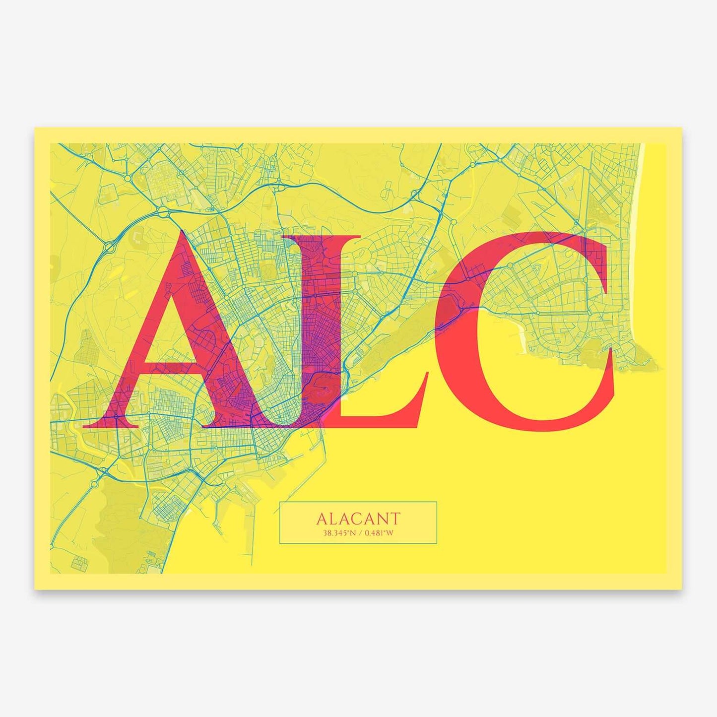 The map of Alacant composed with letters in serif font printed on yellow and fuchsia