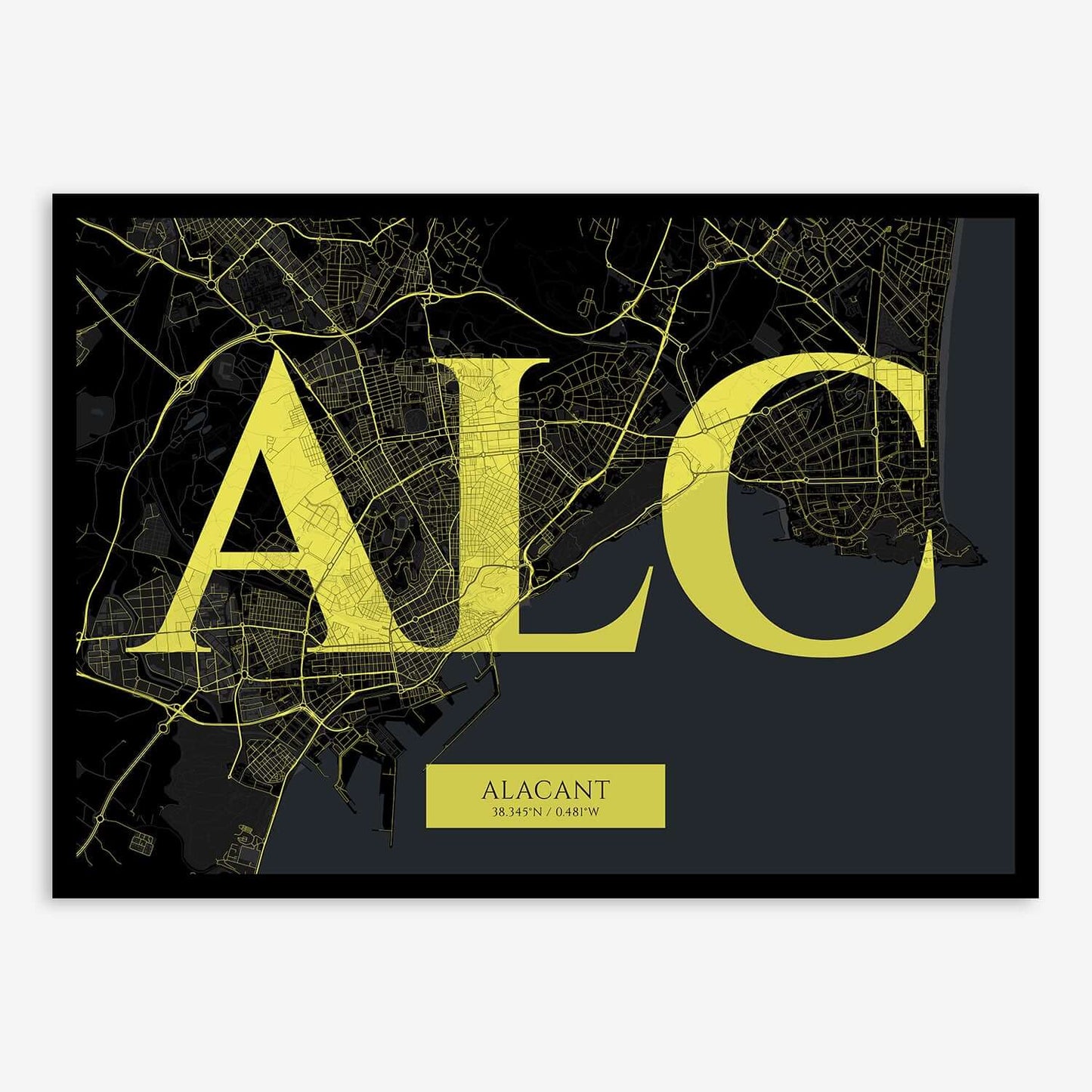The map of Alacant composed with letters in serif font printed on black and yellow