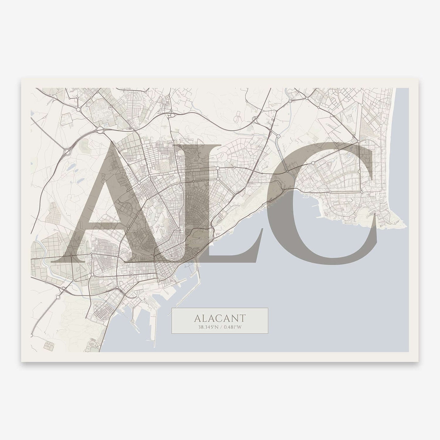 The map of Alacant composed with letters in serif font printed on light brown and an off-white background