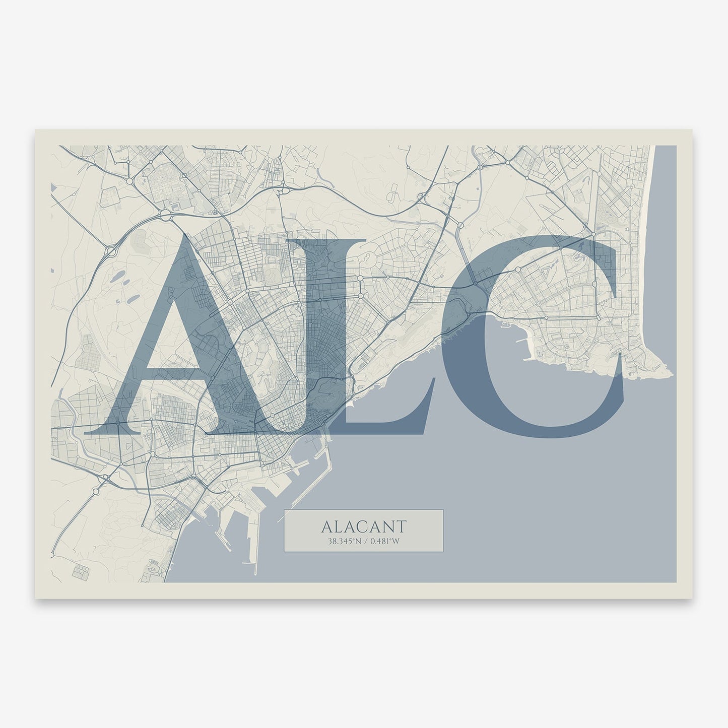 The map of Alacant composed with letters in serif font printed on bluish gray and an off-white background