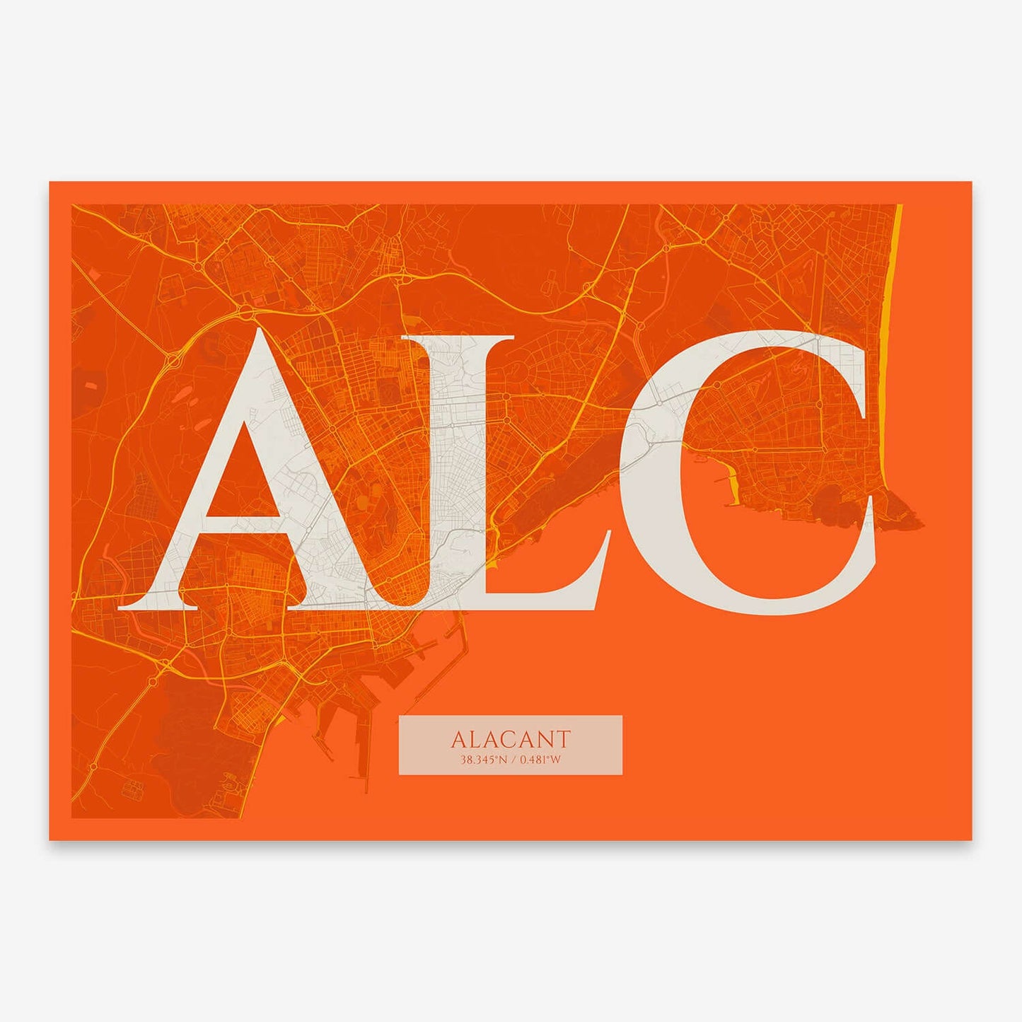 The map of Alacant composed with letters in serif font printed on orange and an off-white background