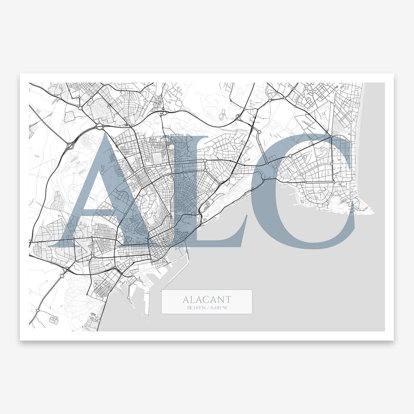 The map of Alacant composed with letters in serif font printed on black and white
