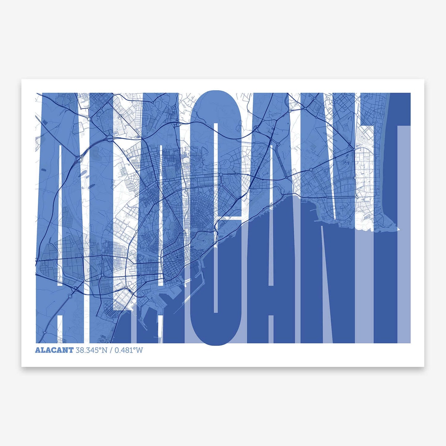 The map of Alacant and letters of its name in a giclée print designed in navy blue and white