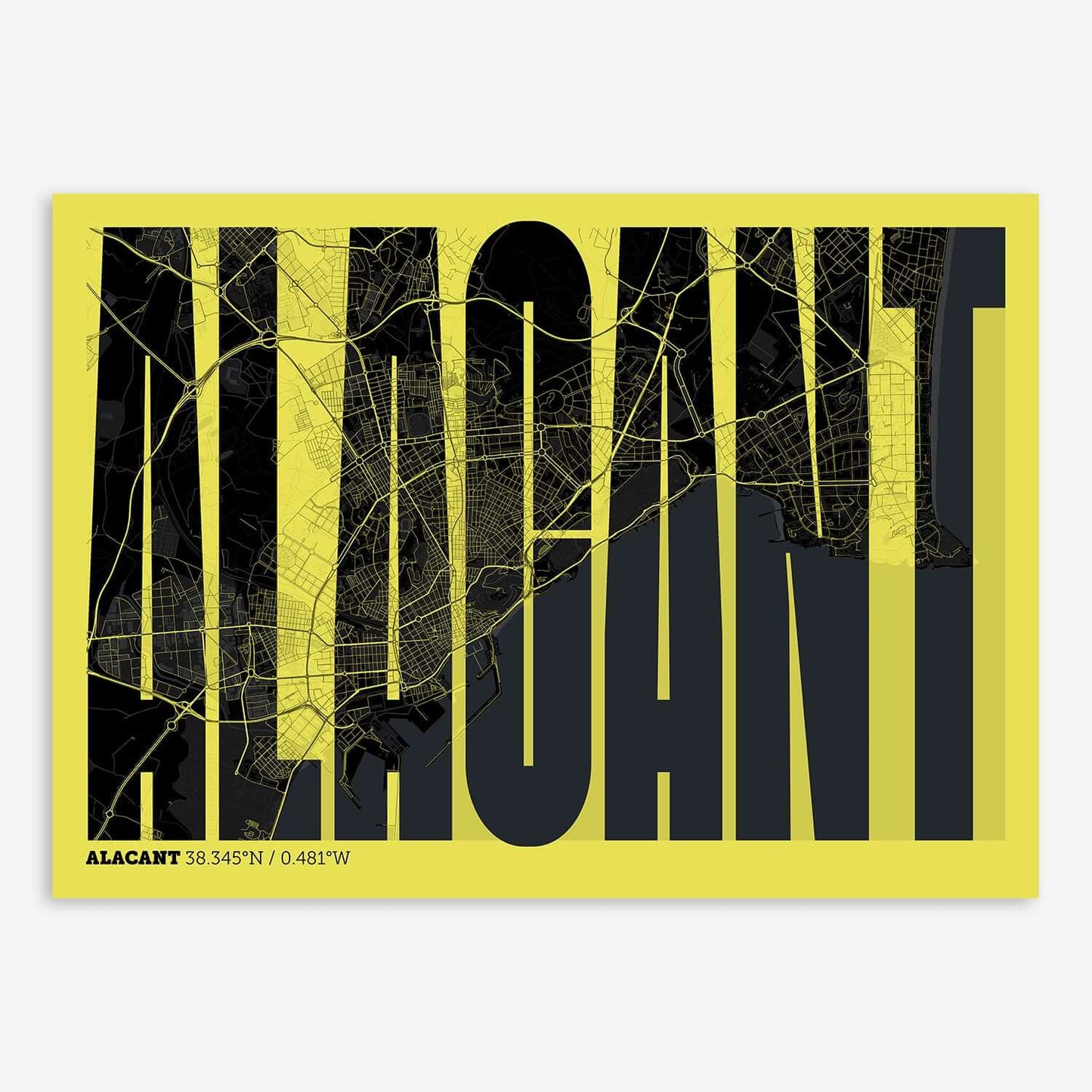 The map of Alacant and letters of its name in a giclée print designed in black and yellow