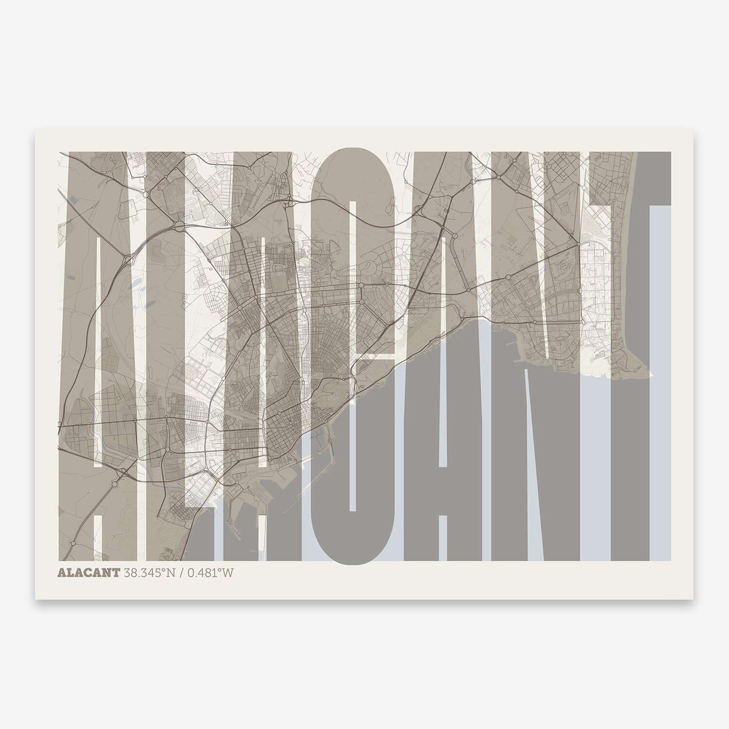 The map of Alacant and letters of its name in a giclée print designed in light brown and an off-white background