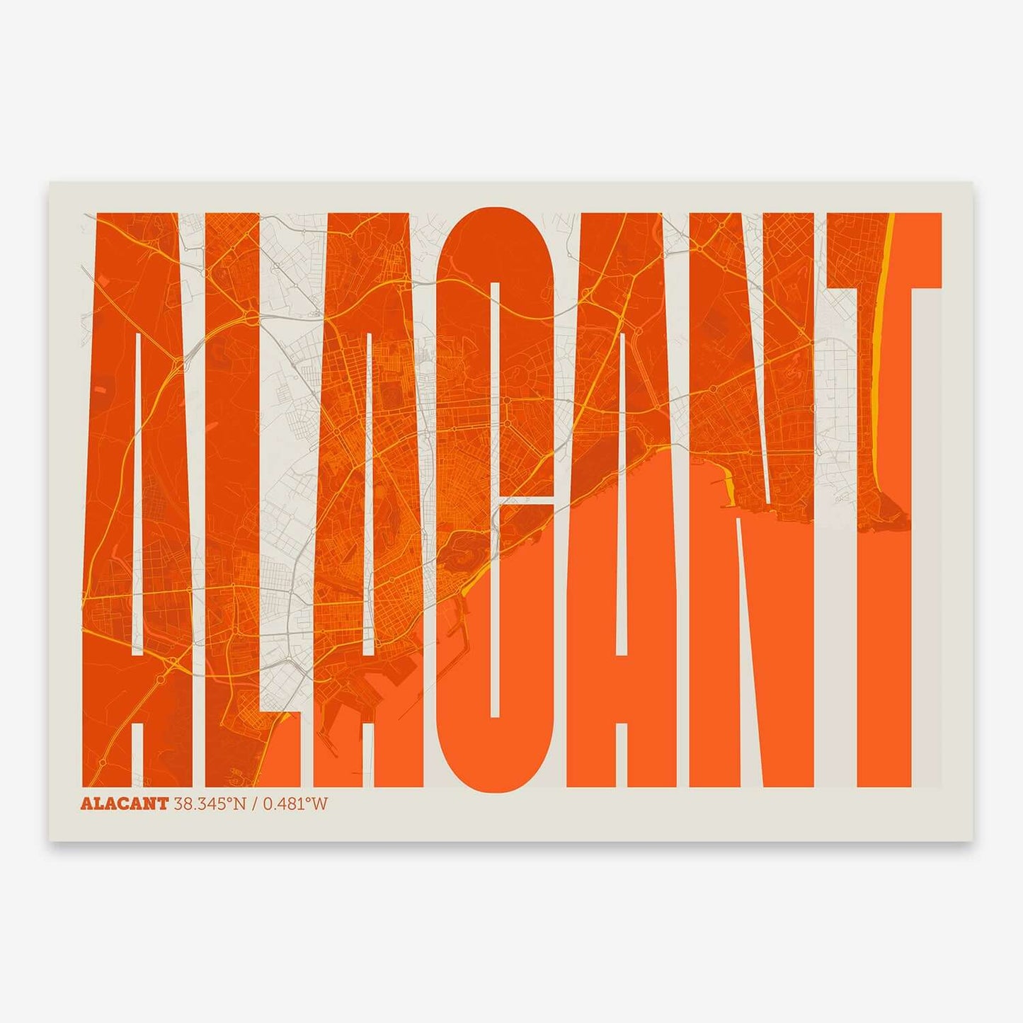 The map of Alacant and letters of its name in a giclée print designed in orange and an off-white background