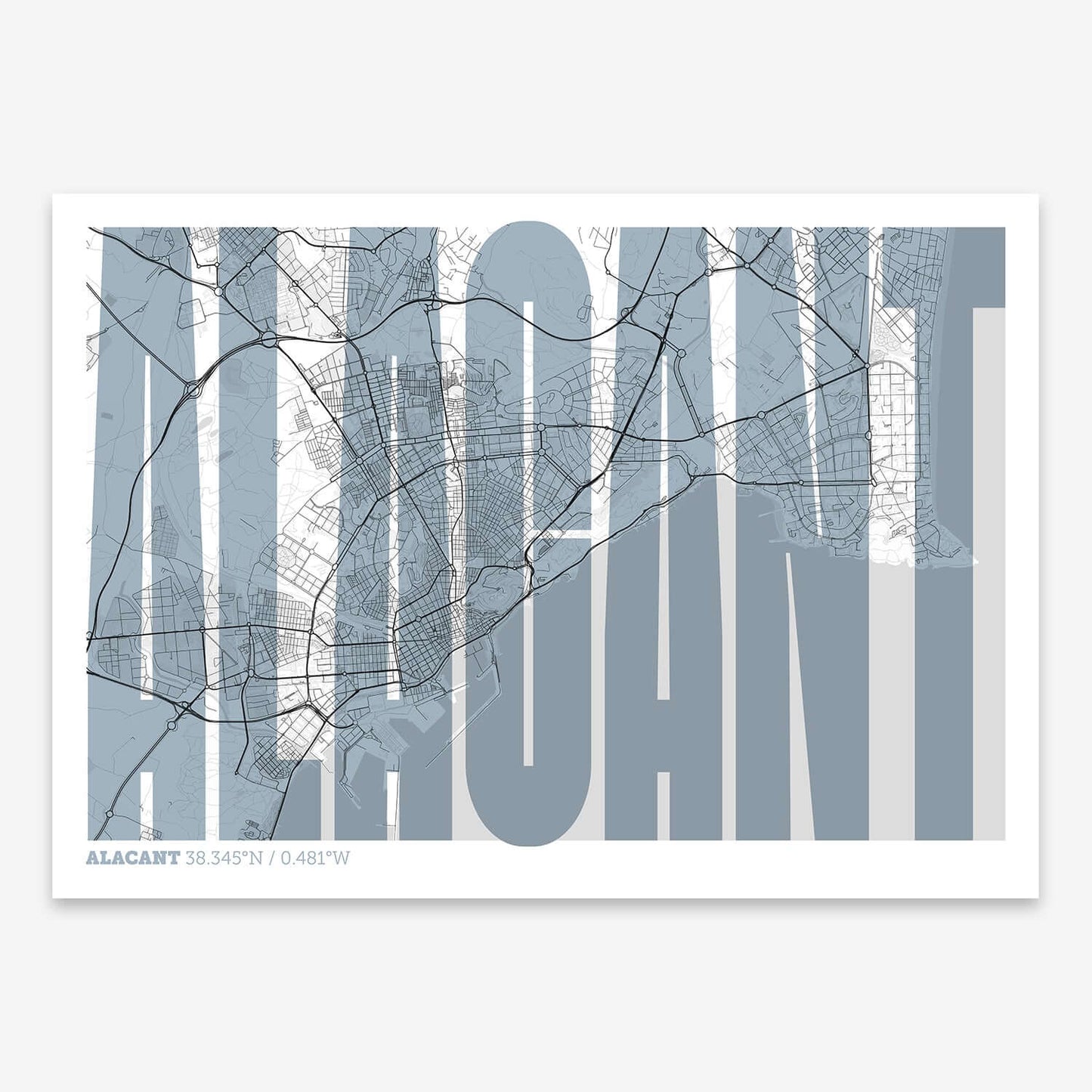 The map of Alacant and letters of its name in a giclée print designed in black and white