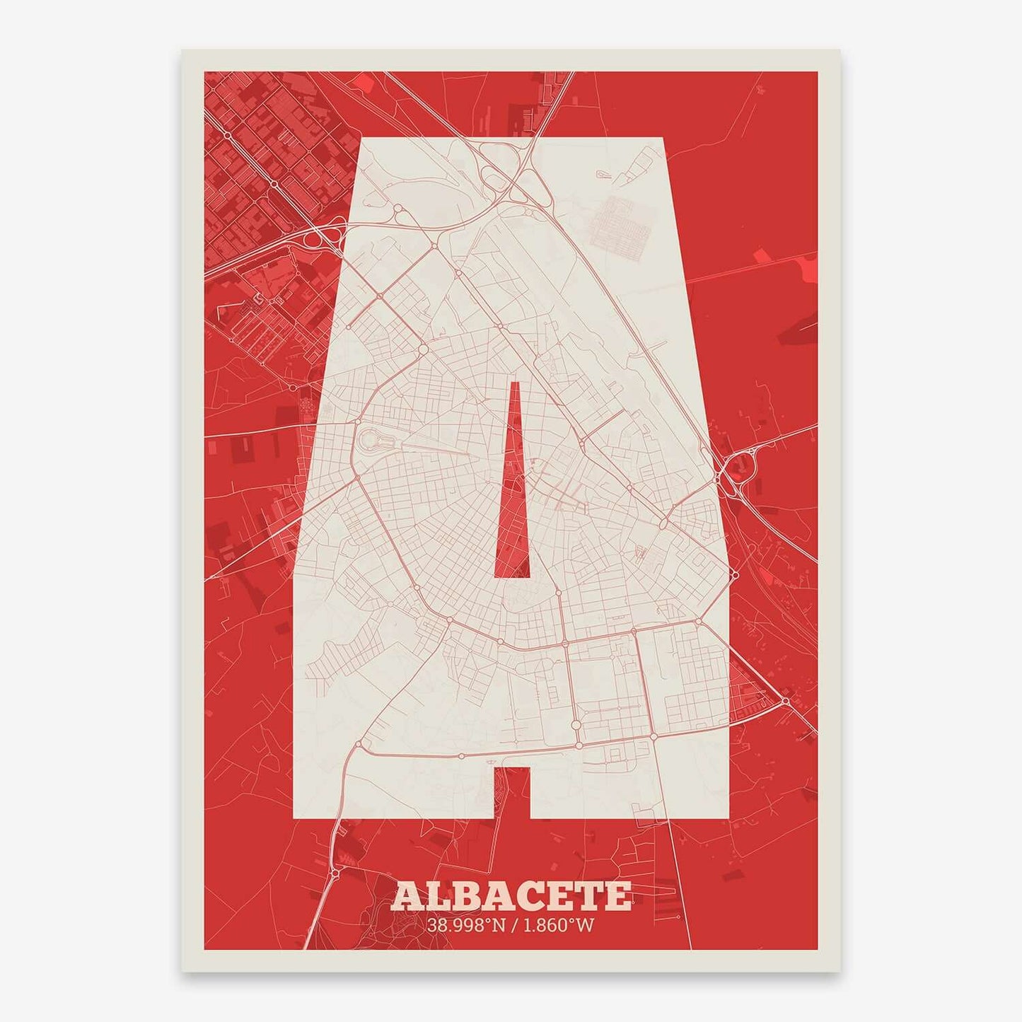 The map of Albacete composed with letters in a heavy geometric font printed on red and an off-white background
