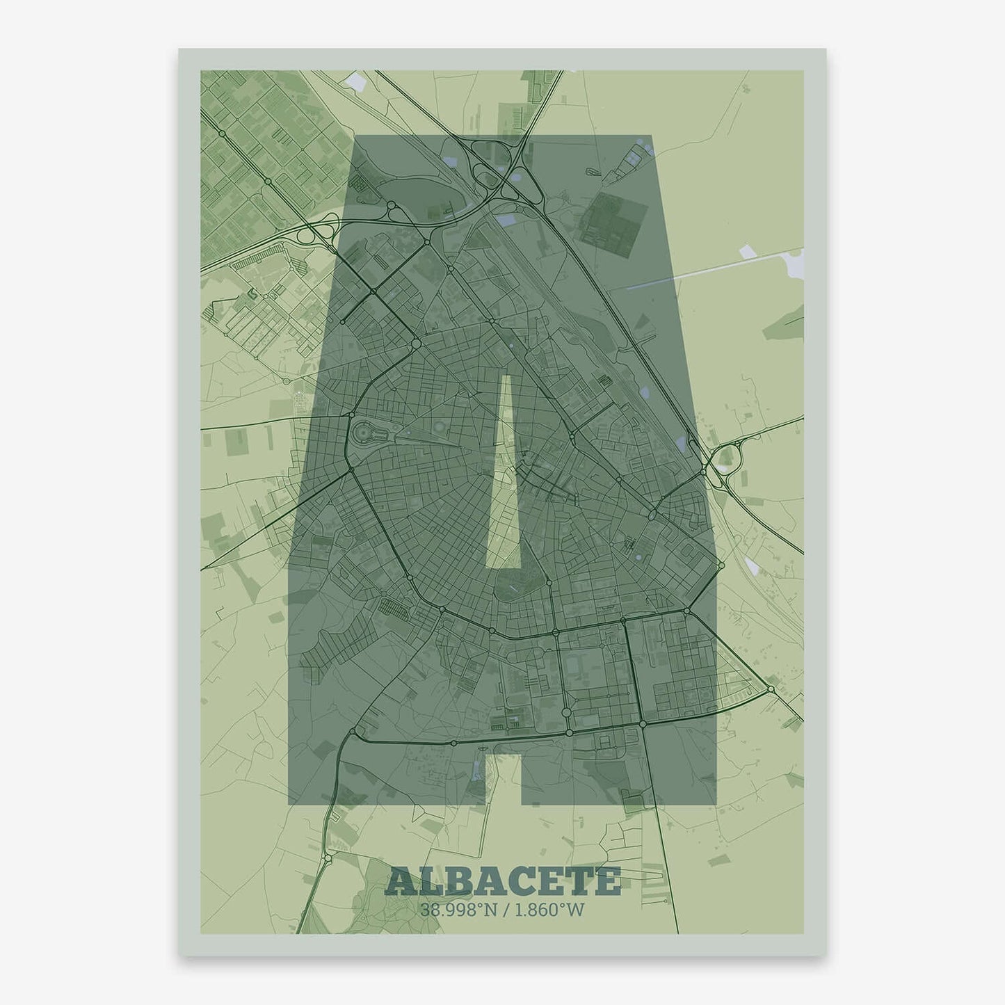 The map of Albacete composed with letters in a heavy geometric font printed on two green tones