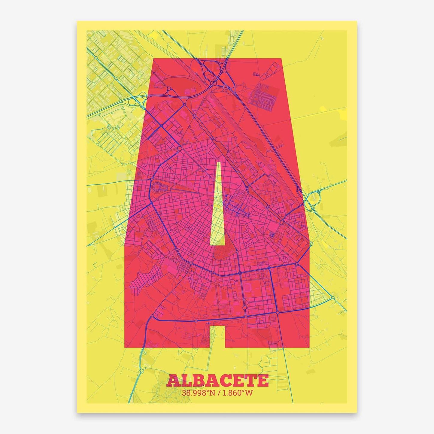 The map of Albacete composed with letters in a heavy geometric font printed on yellow and fuchsia