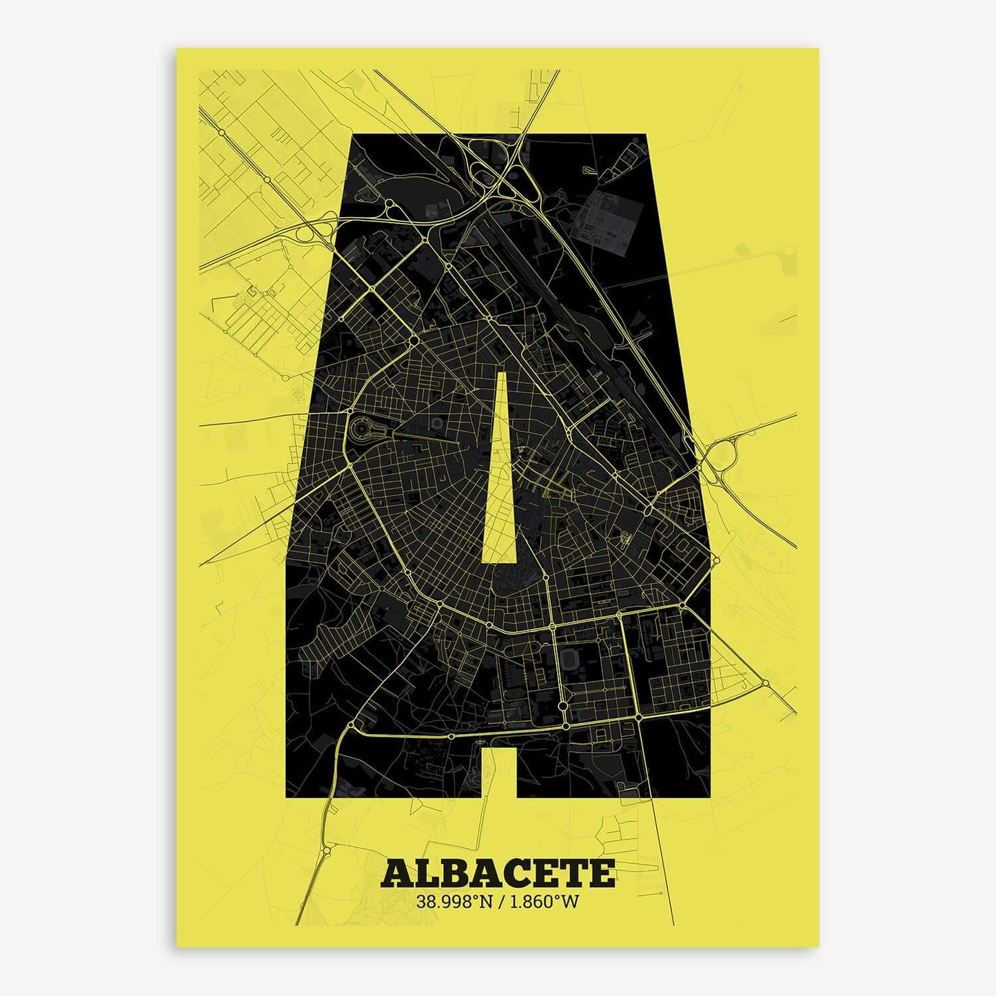 The map of Albacete composed with letters in a heavy geometric font printed on black and yellow