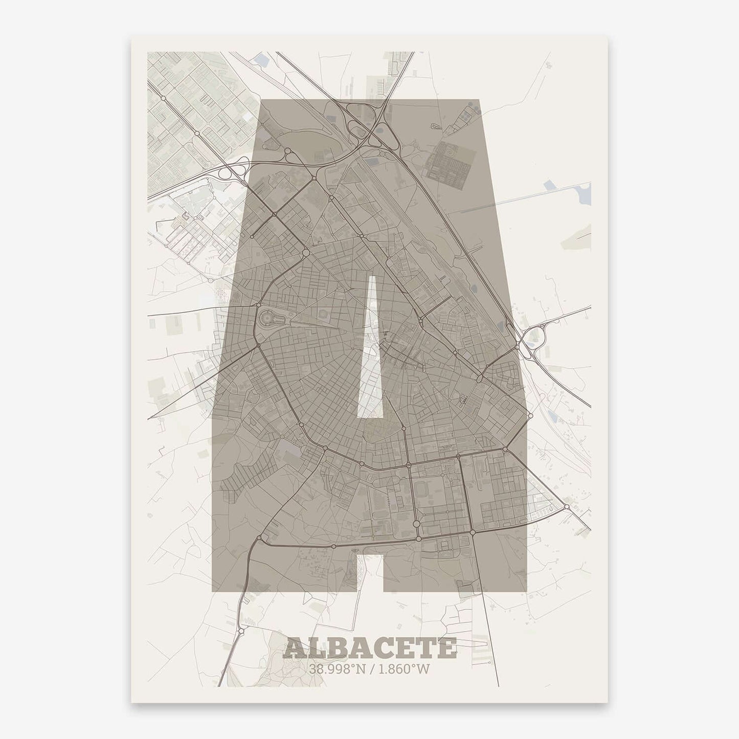 The map of Albacete composed with letters in a heavy geometric font printed on light brown and an off-white background