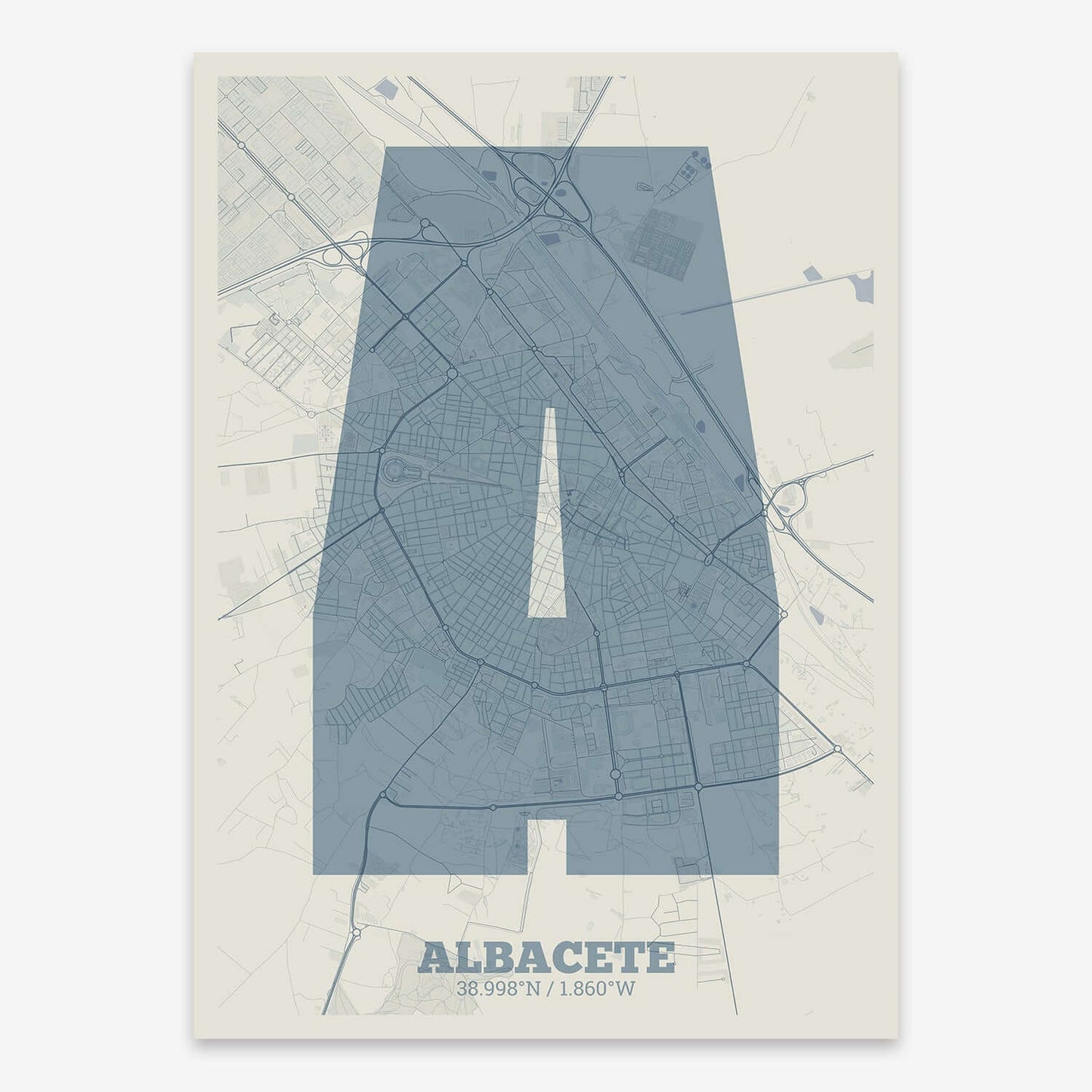 The map of Albacete composed with letters in a heavy geometric font printed on bluish gray and an off-white background