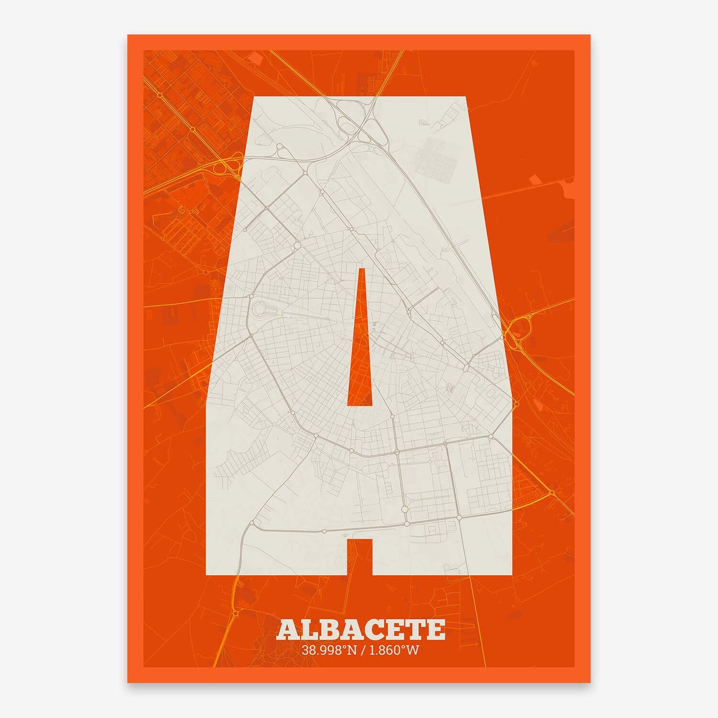 The map of Albacete composed with letters in a heavy geometric font printed on orange and an off-white background