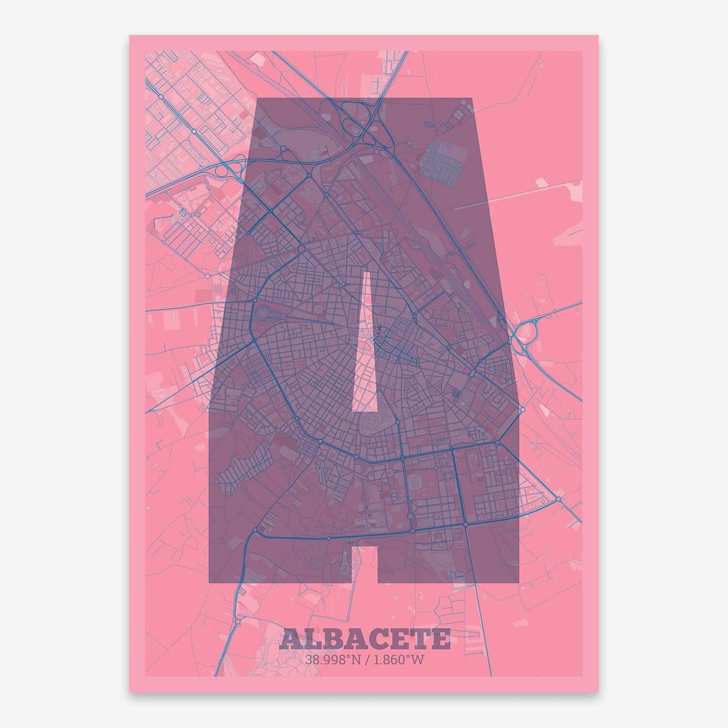 The map of Albacete composed with letters in a heavy geometric font printed on violet y pink background