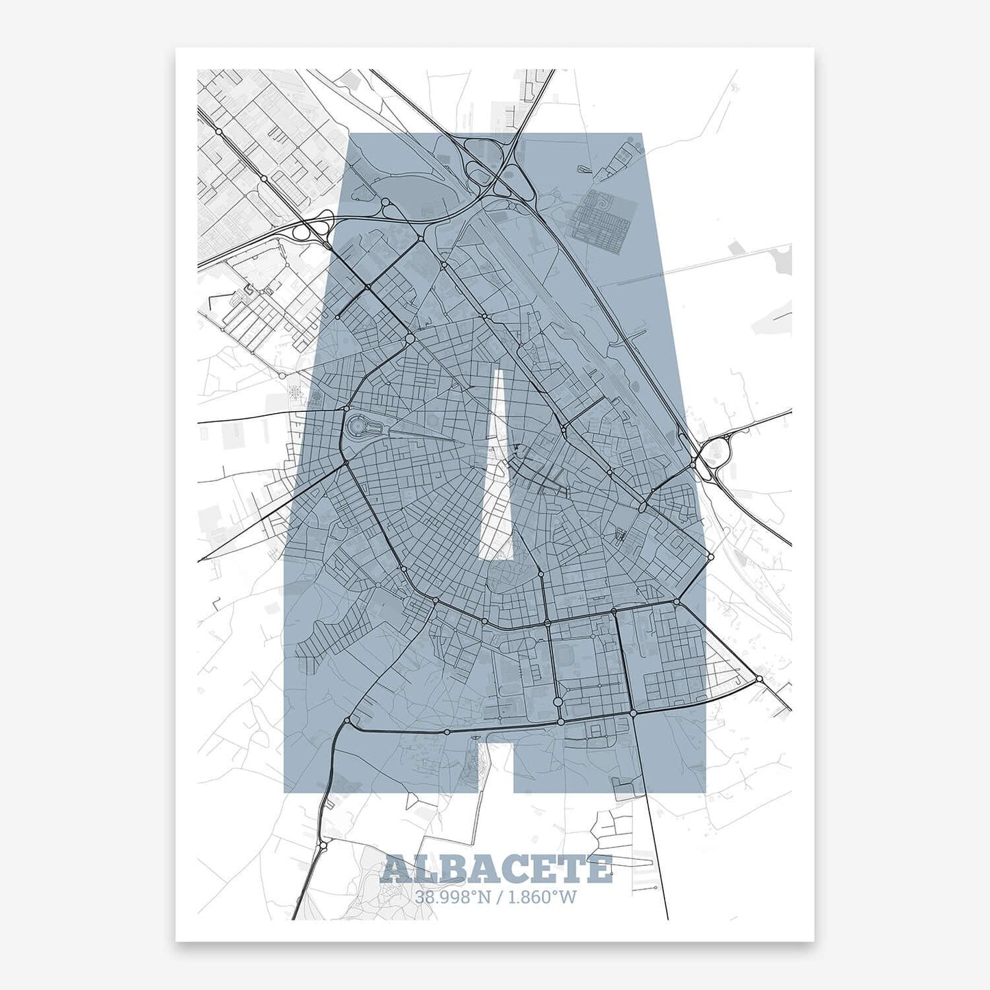 The map of Albacete composed with letters in a heavy geometric font printed on black and white