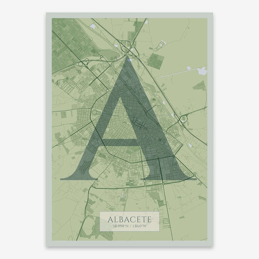 The map of Albacete composed with letters in serif font printed on two green tones