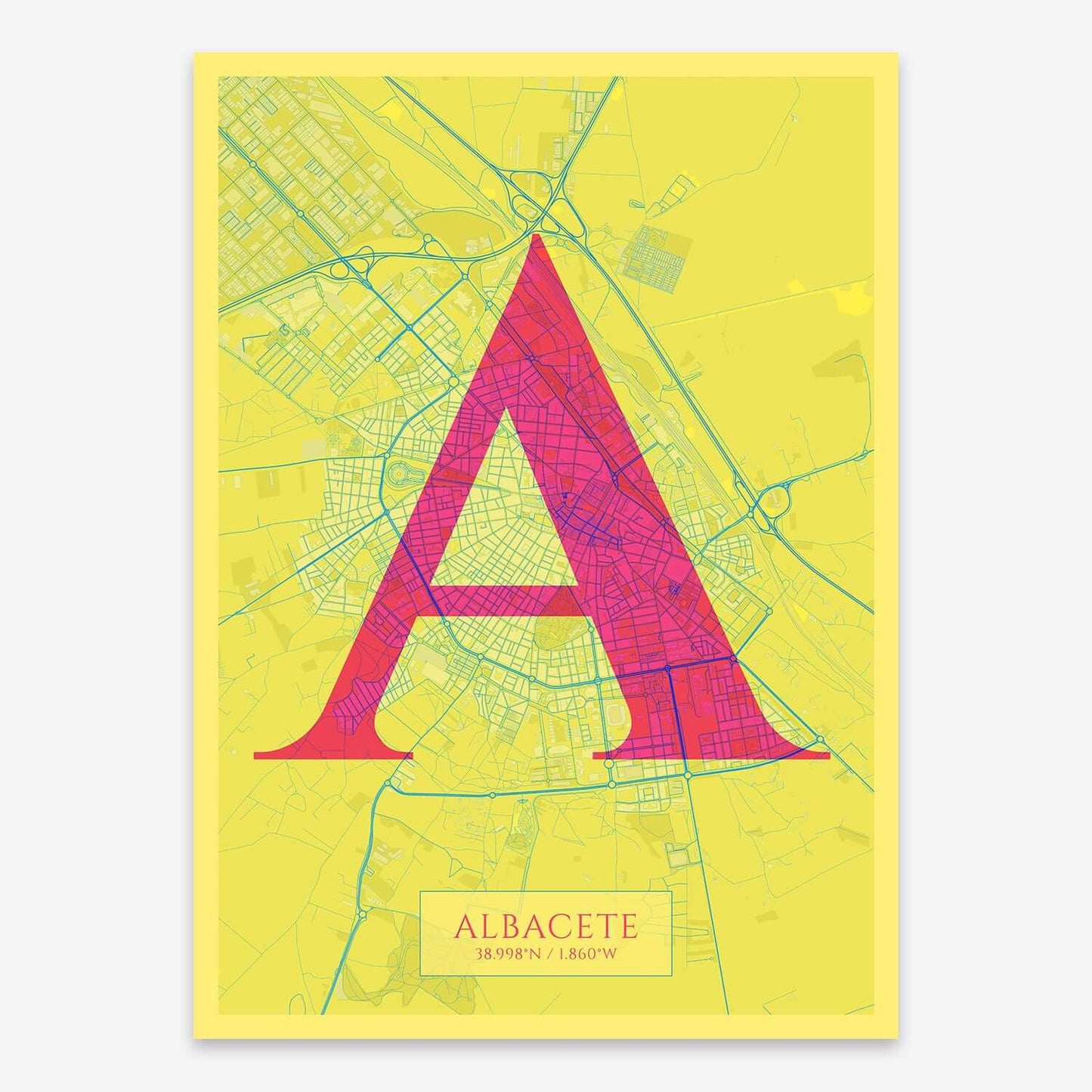 The map of Albacete composed with letters in serif font printed on yellow and fuchsia