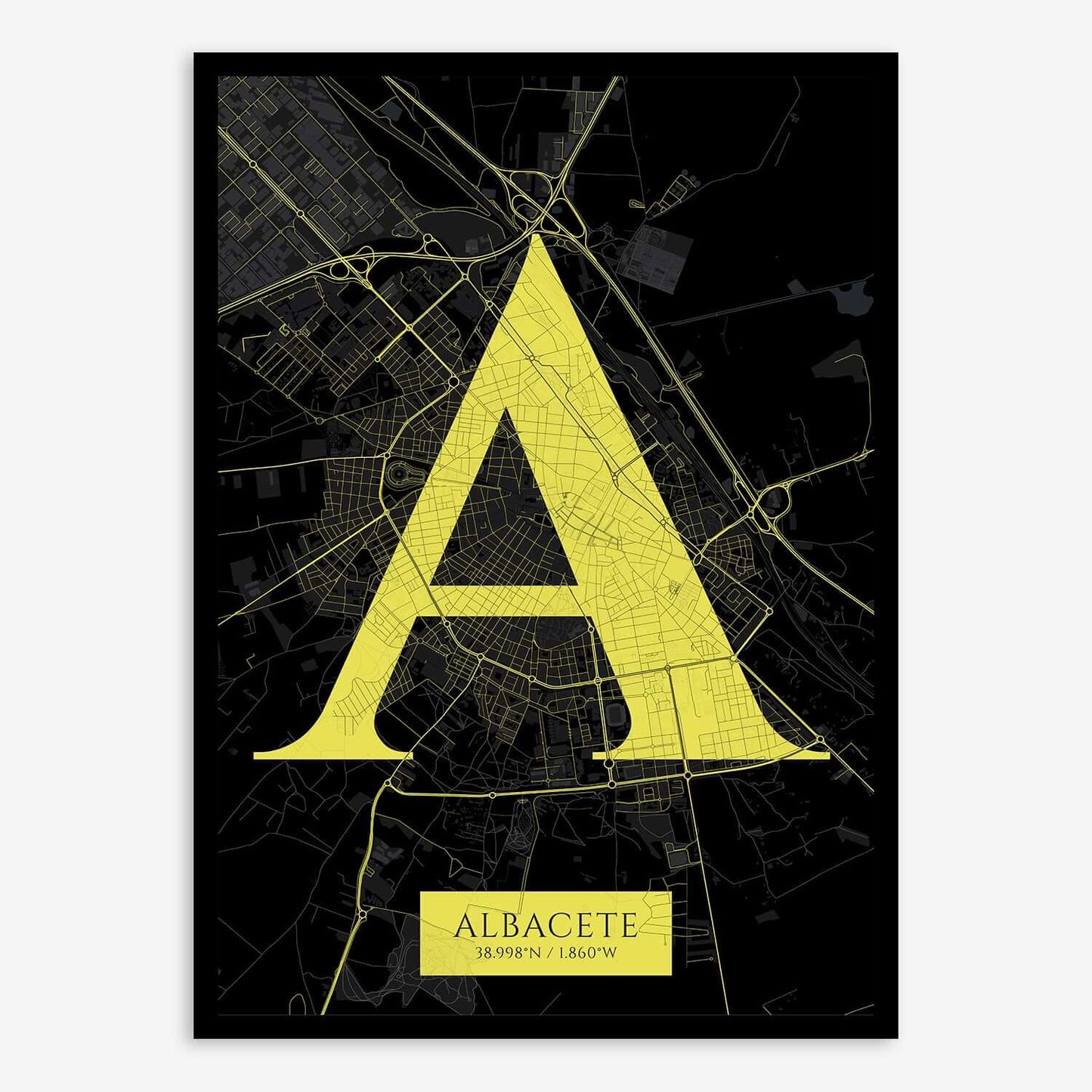 The map of Albacete composed with letters in serif font printed on black and yellow