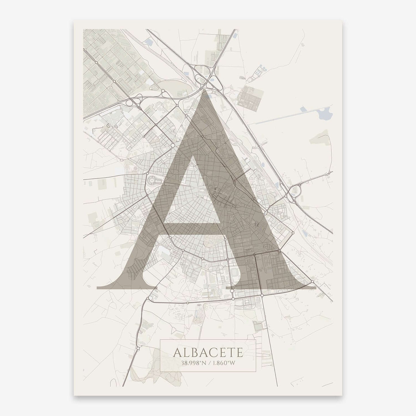 The map of Albacete composed with letters in serif font printed on light brown and an off-white background
