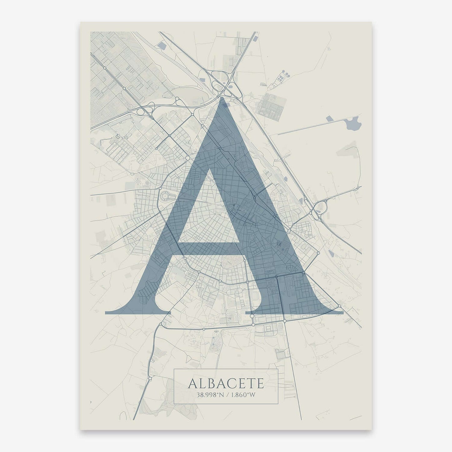 The map of Albacete composed with letters in serif font printed on bluish gray and an off-white background
