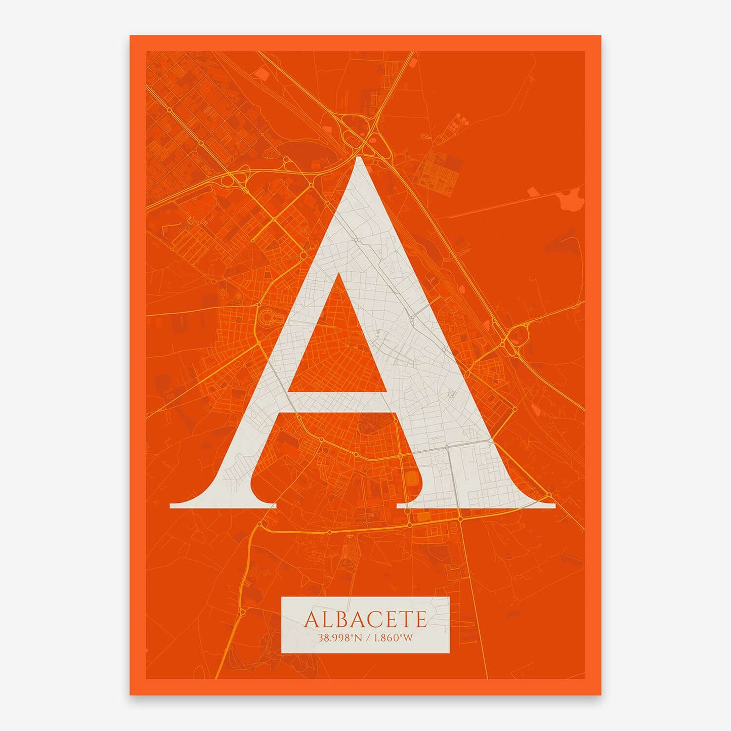 The map of Albacete composed with letters in serif font printed on orange and an off-white background