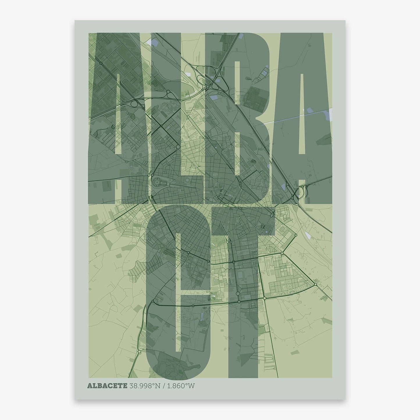 The map of Albacete and letters of its name in a giclée print designed in two green tones