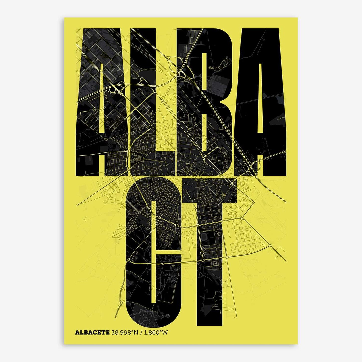 The map of Albacete and letters of its name in a giclée print designed in black and yellow
