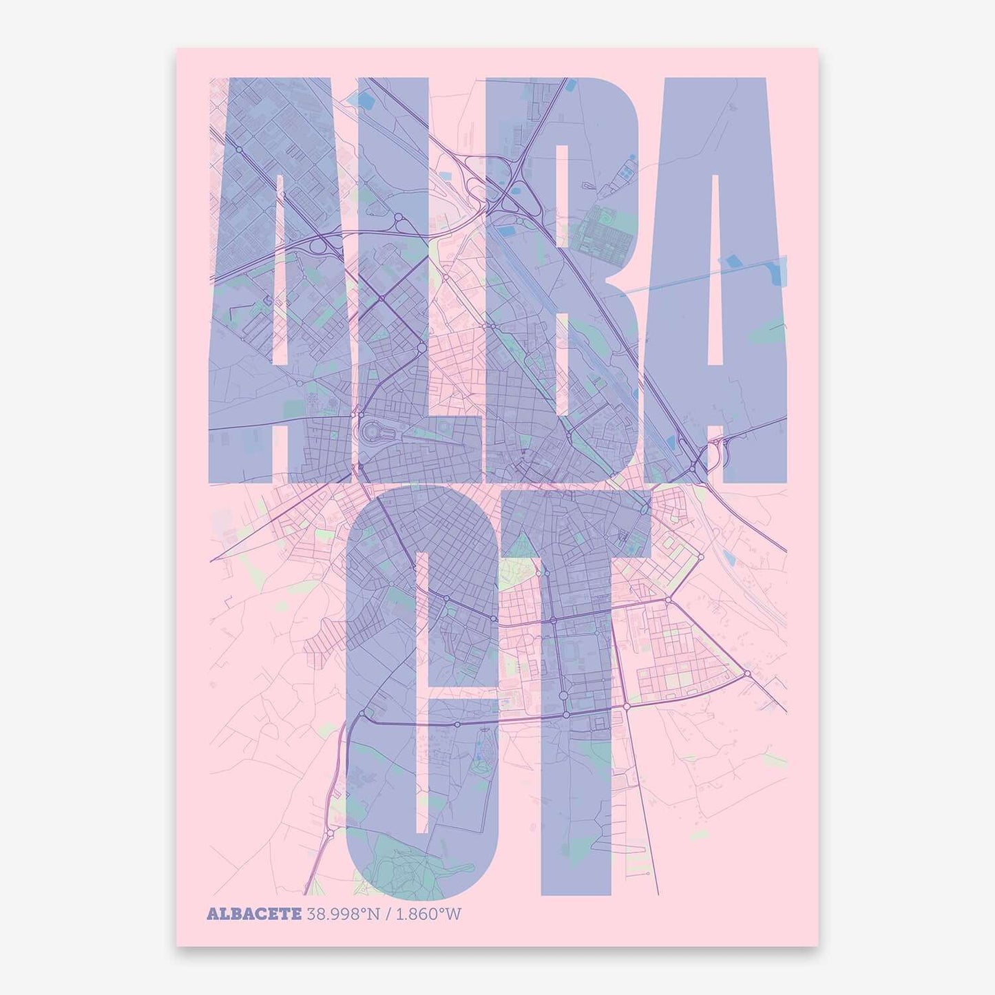 The map of Albacete and letters of its name in a giclée print designed in pink and light blue