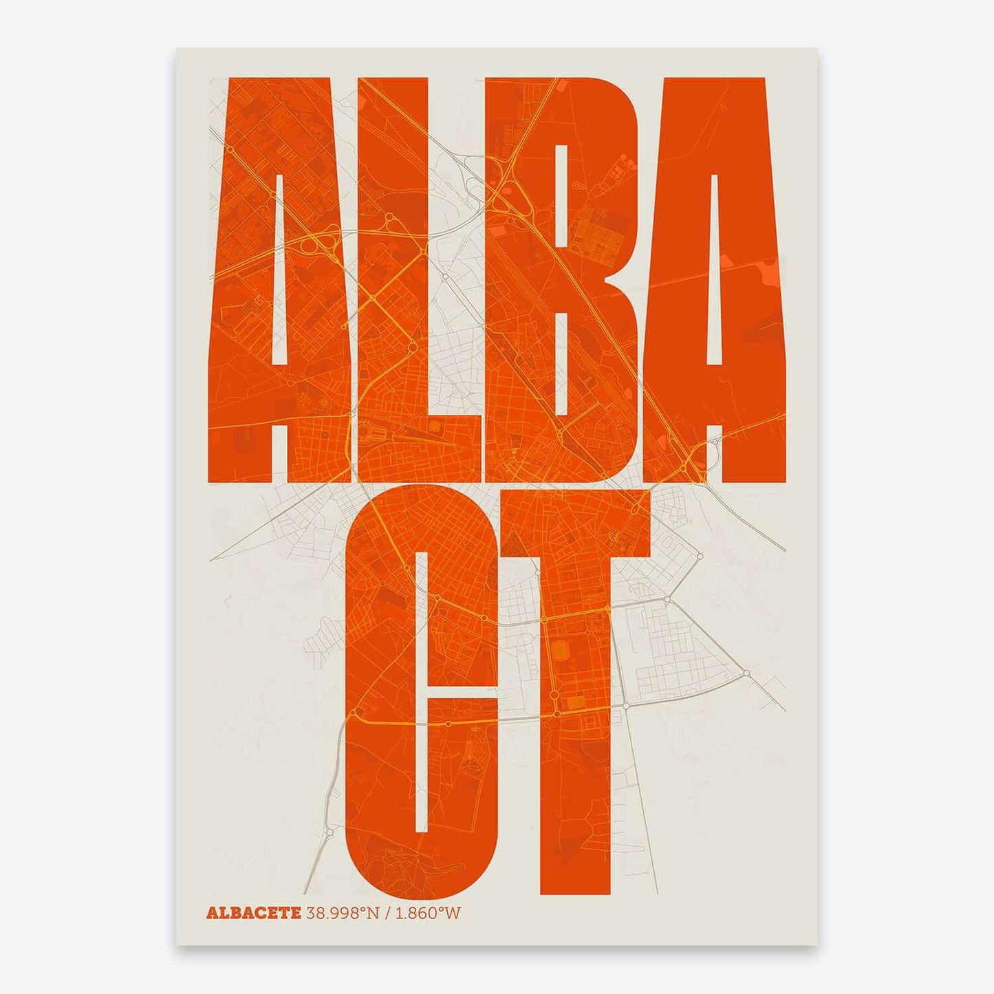 The map of Albacete and letters of its name in a giclée print designed in orange and an off-white background