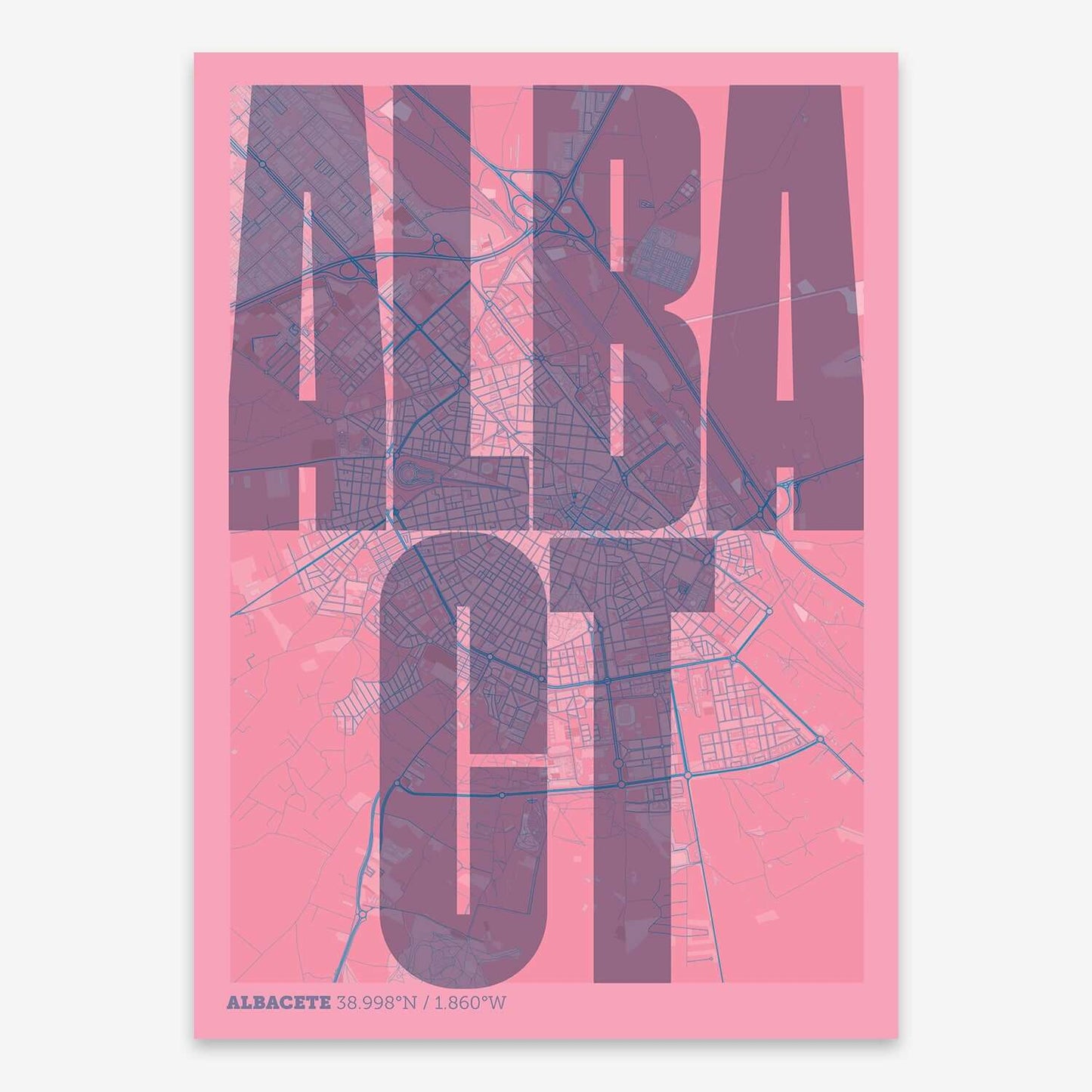 The map of Albacete and letters of its name in a giclée print designed in violet y pink background