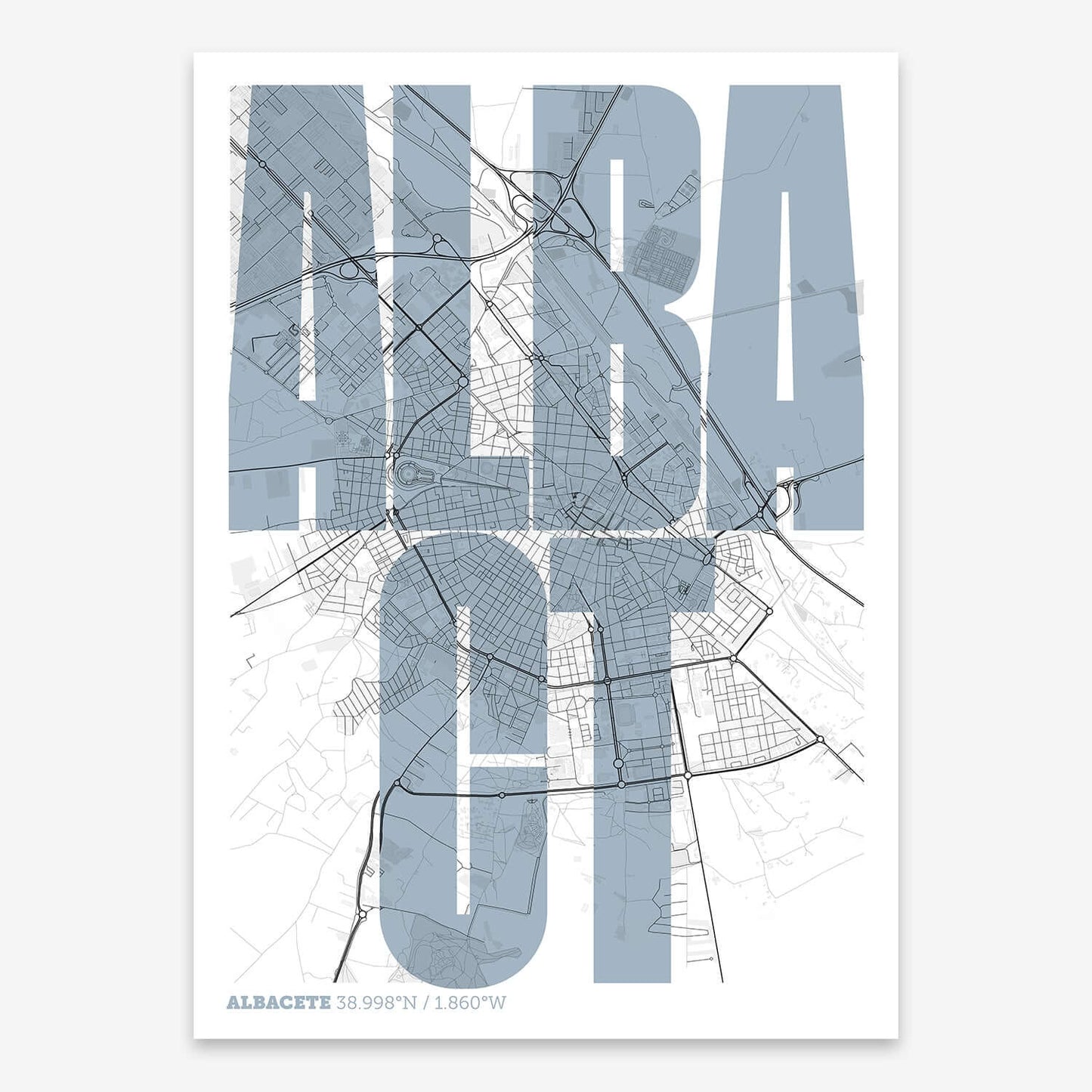 The map of Albacete and letters of its name in a giclée print designed in black and white