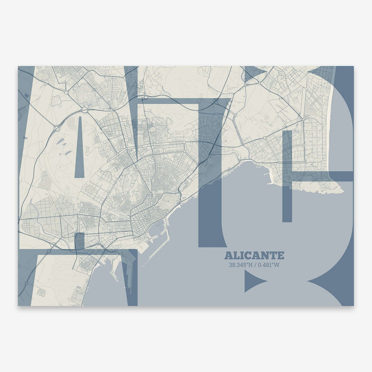 The map of Alicante composed with letters from its name or IATA code printed on bluish gray and an off-white background