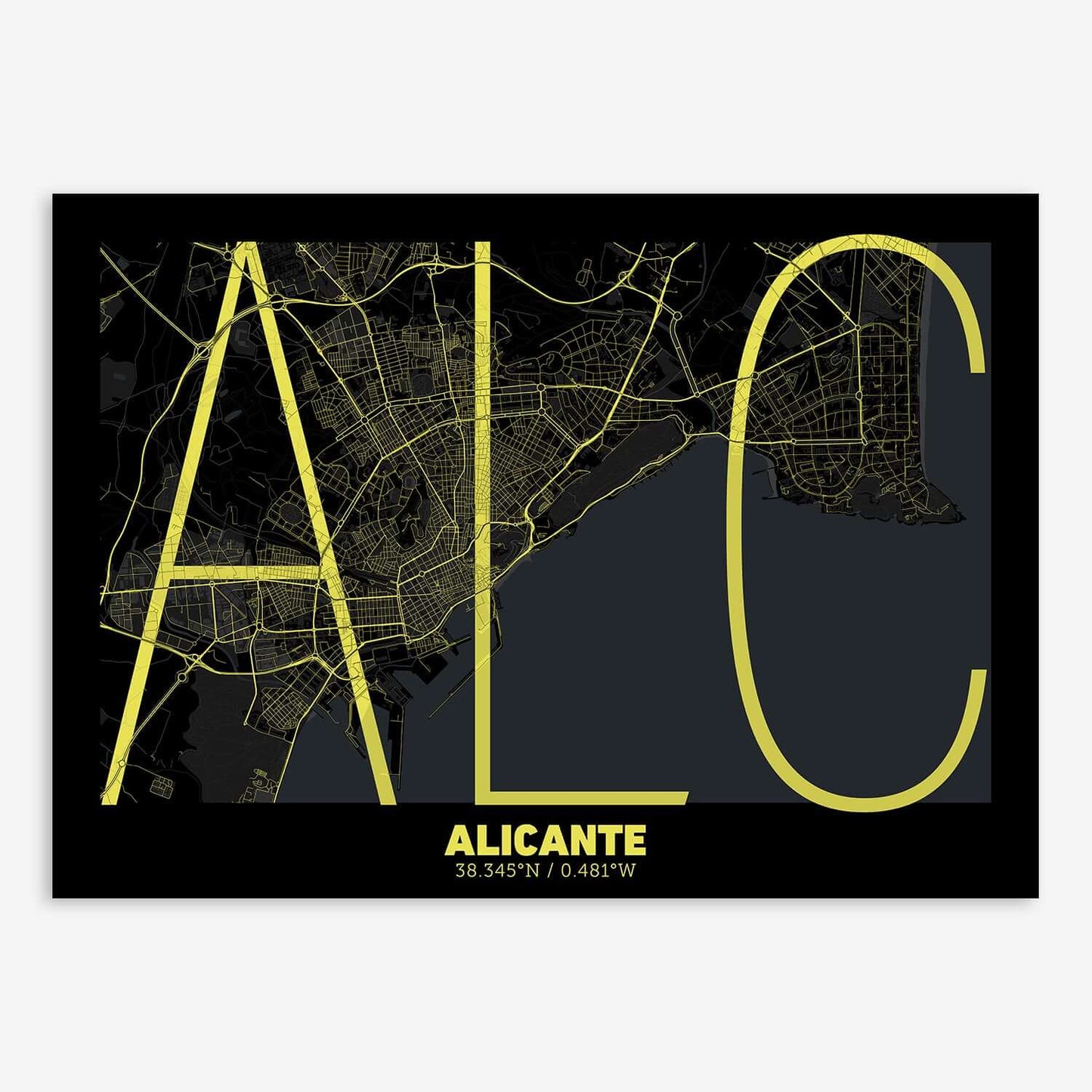 The map of Alicante composed with letters in extra light font printed on black and yellow