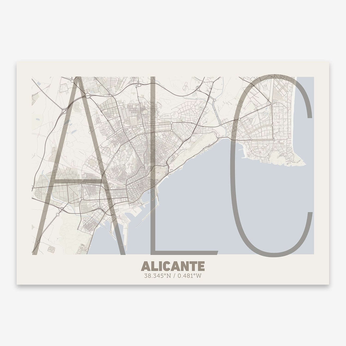 The map of Alicante composed with letters in extra light font printed on light brown and an off-white background