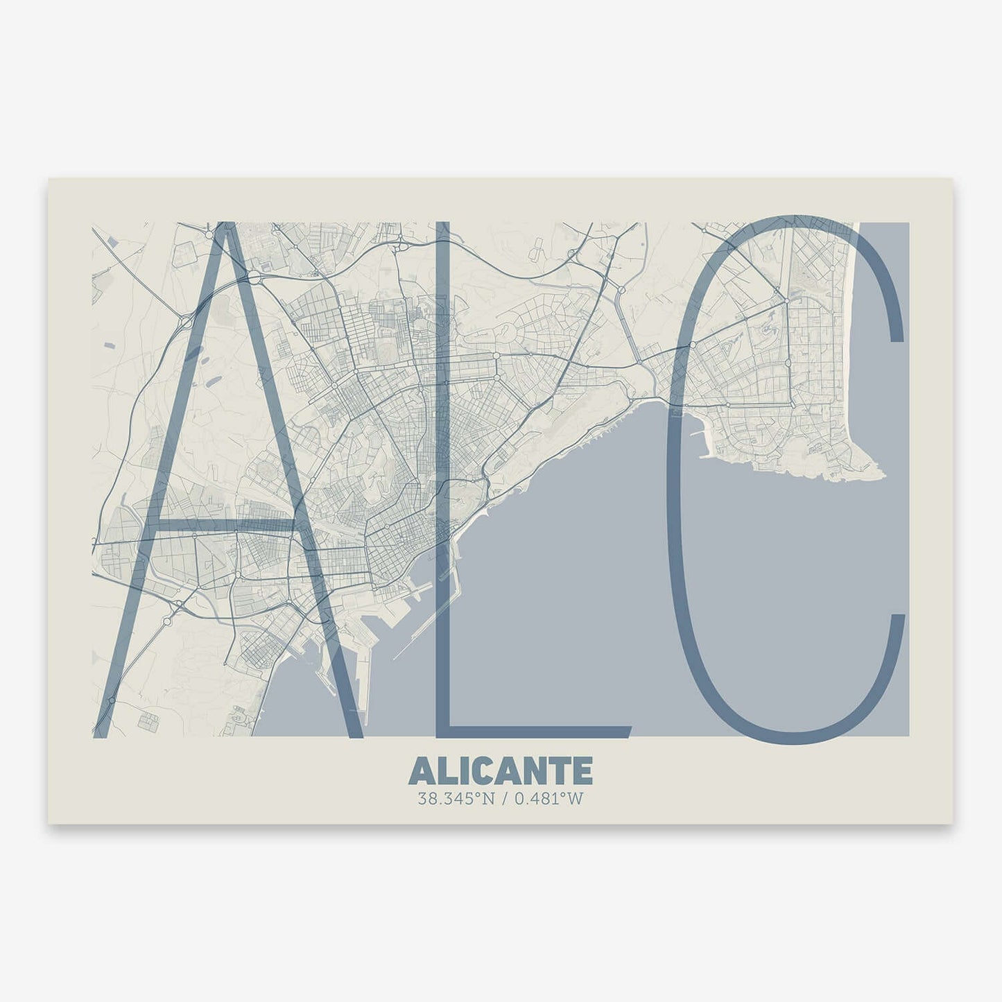 The map of Alicante composed with letters in extra light font printed on bluish gray and an off-white background