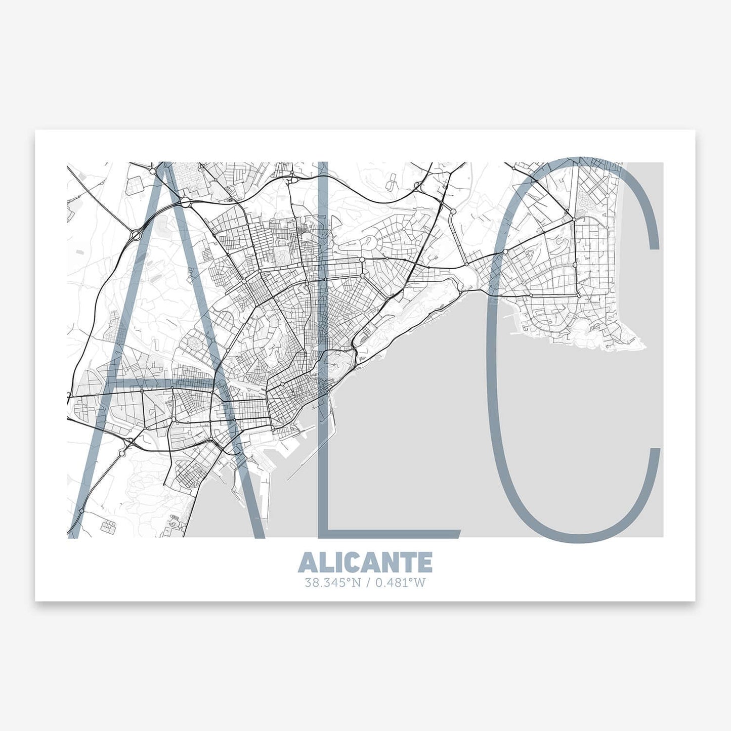 The map of Alicante composed with letters in extra light font printed on black and white