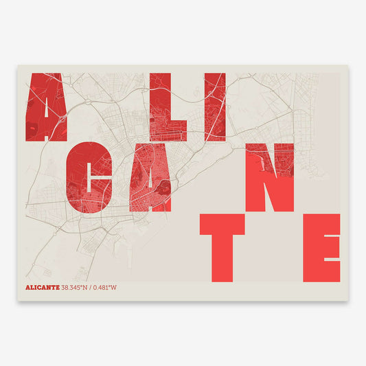 The map of Alicante with letters of its name placed randomly, designed in red and an off-white background