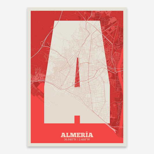 The map of Almeria composed with letters in a heavy geometric font printed on red and an off-white background